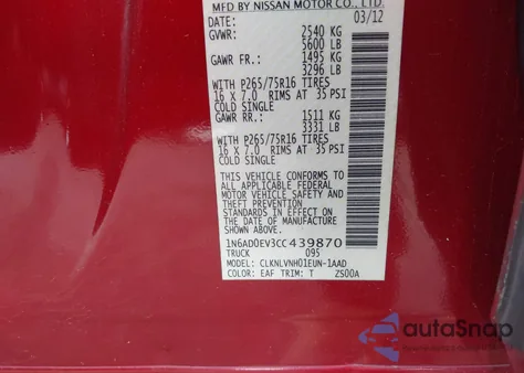 2012 Nissan Frontier Pro-4X z USA, uszkodzony, nr VIN 1N6AD0EV3CC439870